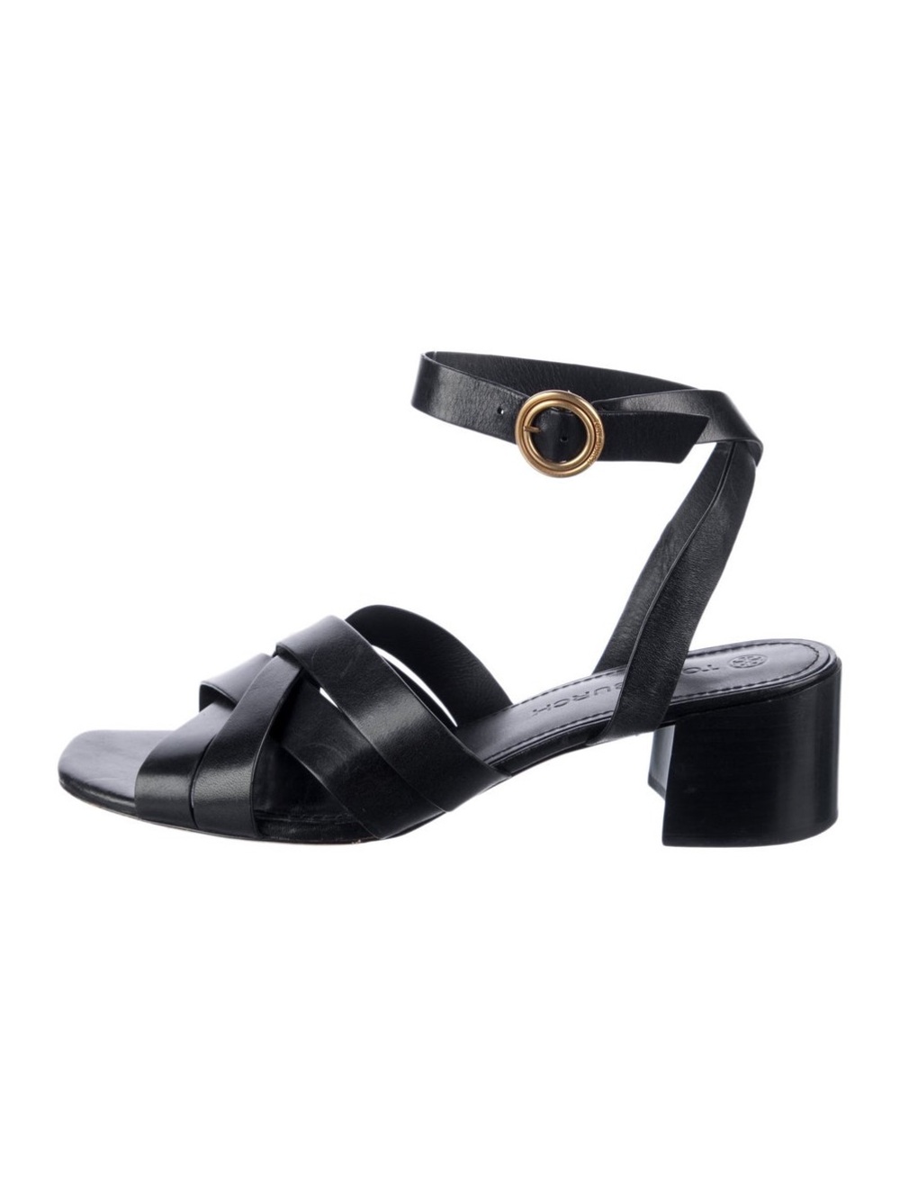 Tory Butch Black Leather Ankle-Strap Block Heel Sandal - Women